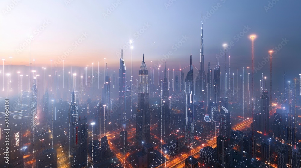 Futuristic cityscape with network connections and digital data flow concept on white background