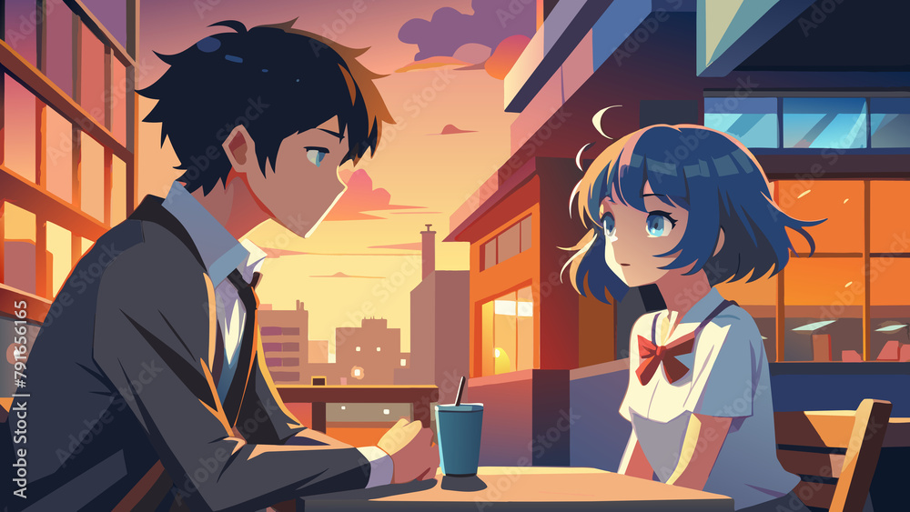young anime boy and girl couple on a date