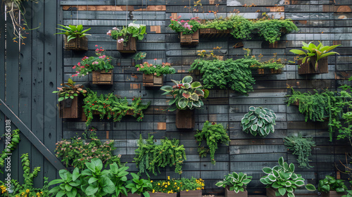 Various plants in pots hang on a wooden fence in an urban garden, creating a lush green wall.