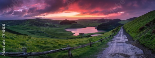 a long wooden guardrail path leading into the distance in the center of the frame, a beautiful sky at sunset, with green hills and a lake on both sides photo