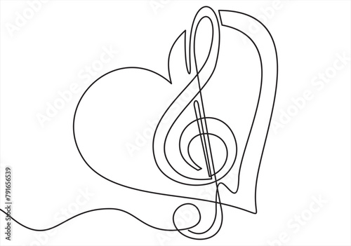 Treble clef and heart one line art,hand drawn continuous contour outline.Love music composition concept