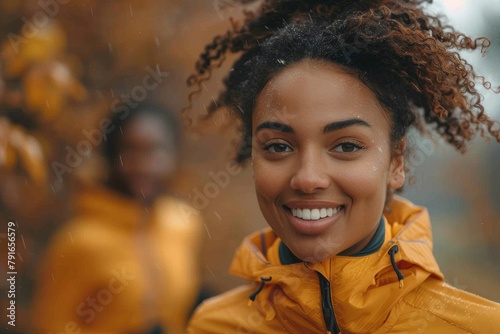 A young woman smiles brightly in a rain shower  wearing a yellow rain jacket