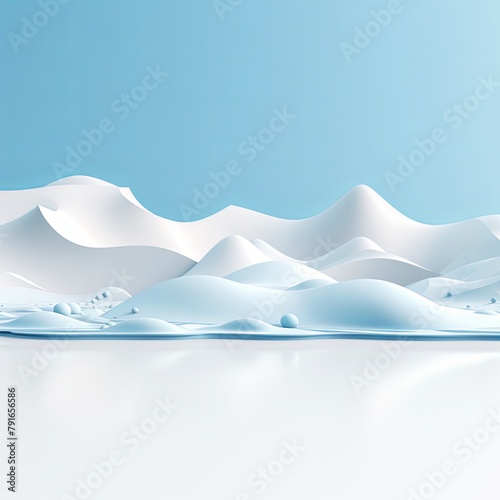 3d render, cartoon illustration of white hills with water in the background, simple minimalistic style, low detail copy space for photo text or product, blank