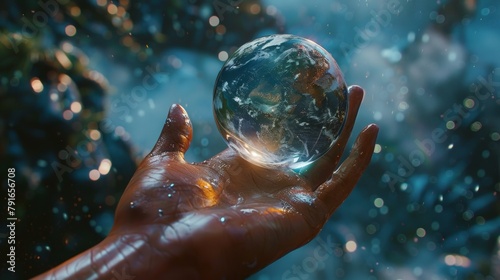 Marvel at the sheer beauty of a transparent glass globe cradled delicately in a hand, its flawless surface reflecting the surrounding world with breathtaking clarity photo