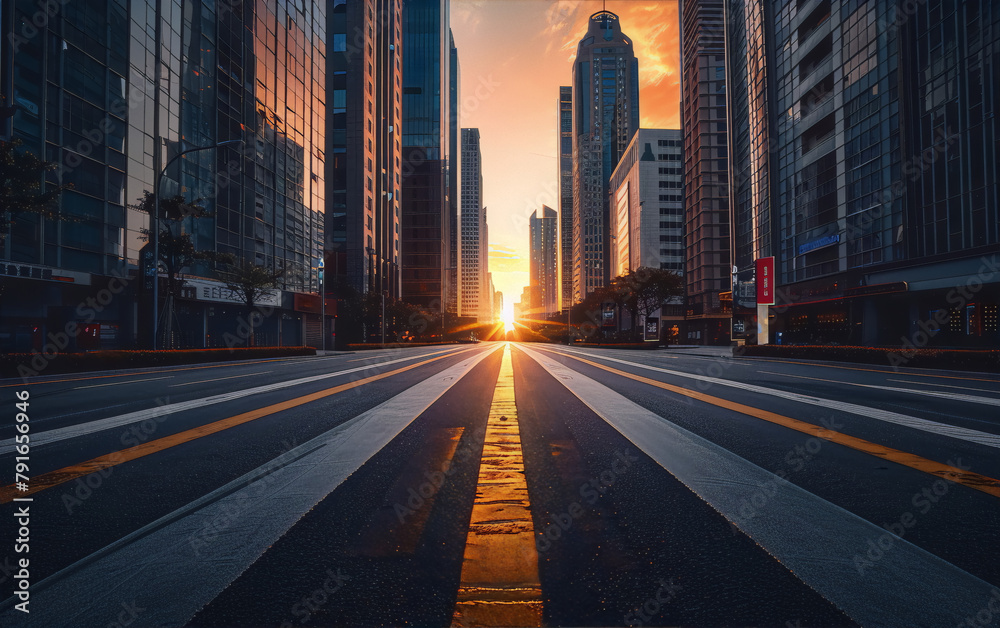 Fototapeta premium Sunrise Cityscape Asphalt road between skyscrapers golden hour orange blue hope 