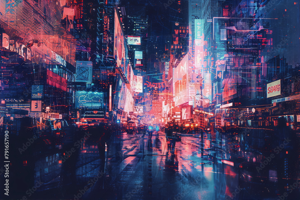 Fototapeta premium A digital painting of a busy urban street scene at night with people crossing the road in the rain, with blue and red neon lights reflecting off the wet pavement.