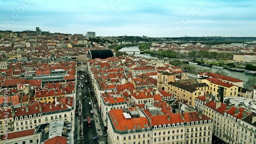 Aerial view of Lyon, France. Rue de la Republique view towards City Hall and Opera de Lyon buildings photo