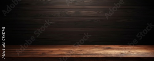 Abstract background with a dark brown wall and wooden table top for product presentation, wood floor, minimal concept, low key studio shot