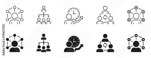 Teamwork In Business Line and Silhouette Icon Set. Project Management Black Pictogram. Organization Strategy Symbol Collection. Team Training Sign. Isolated Vector Illustration
