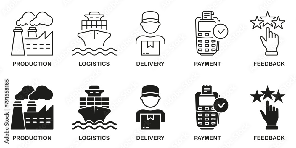 Logistics Line and Silhouette Icon Set. Supply Chain Symbol Collection. Production, Express Shipment, Payment, Review Pictogram. Distribution Industry Guide Sign. Isolated Vector Illustration