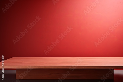 Abstract background with a dark coral wall and wooden table top for product presentation, wood floor, minimal concept, low key studio shot