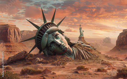 A post-apocalyptic landscape with a giant Statue of Liberty head lying broken in the middle of a desert.