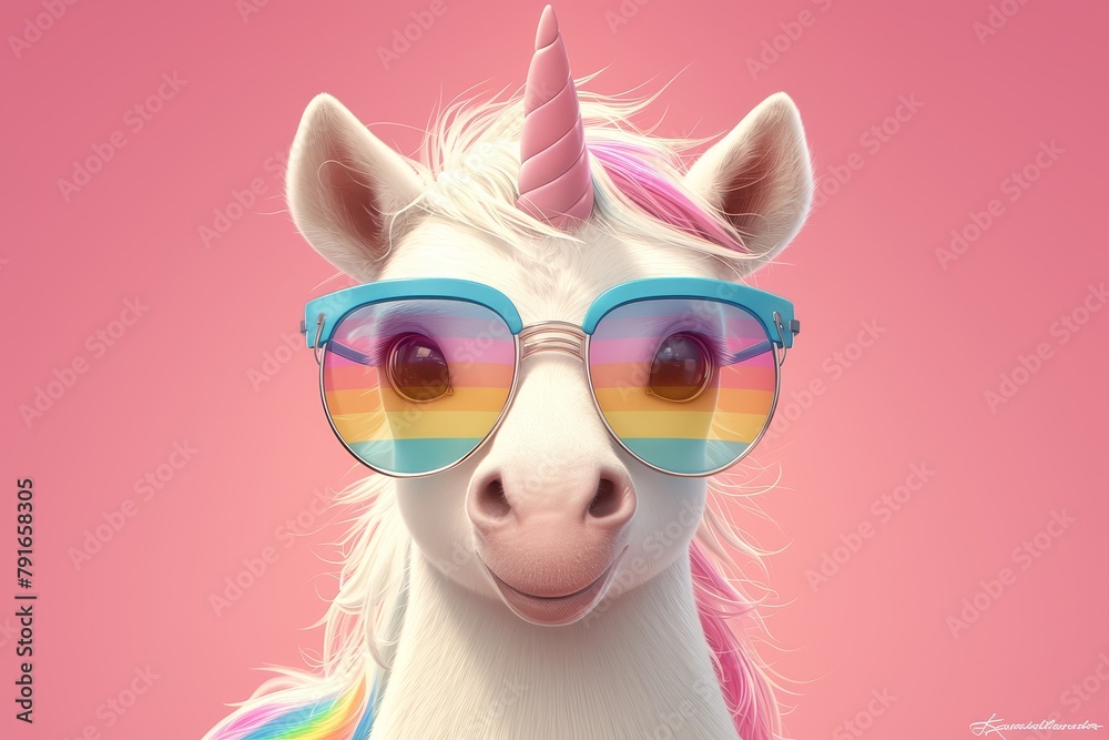 portrait of unicorn with rainbow sunglasses on pink background