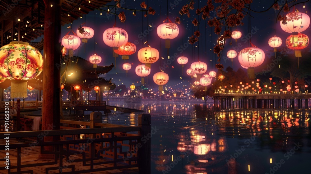 Marvel at the sight of Chinese lanterns lighting up the night sky in this enchanting image of the New Year festival