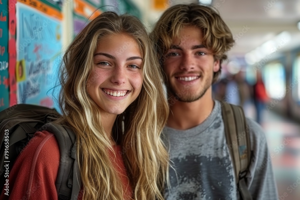 Teenage boy and girl smiling at the camera together in a school corridor with lockers Teenage boy and girl smiling at the camera together in a school corridor with lockers