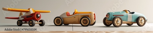 A line of retro-style wooden toy planes and cars, showcasing traditional craftsmanship and nostalgic design photo