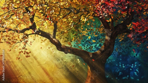 Marvel at the splendor of nature with this elegant depiction of a colorful tree, its branches draped in vibrant leaves that dance in the sunlight