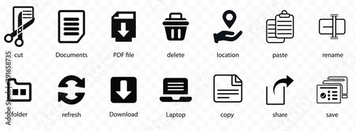 Cut, copy, paste, rename, share, save and delete, laptop, location,  simple icon  se
