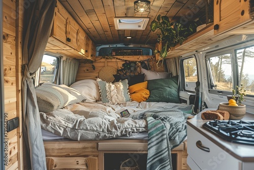 Der Innenraum von einem selbst ausgebautem Campingbus  photo