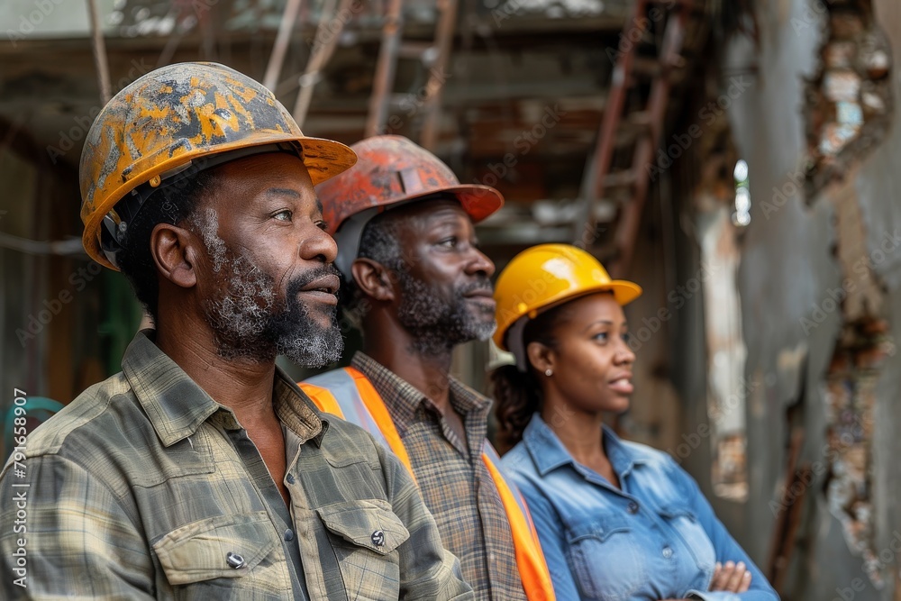 A trio of focused construction workers in safety gear observe site works with critical thinking A trio of focused construction workers in safety gear observe site works with critical thinking