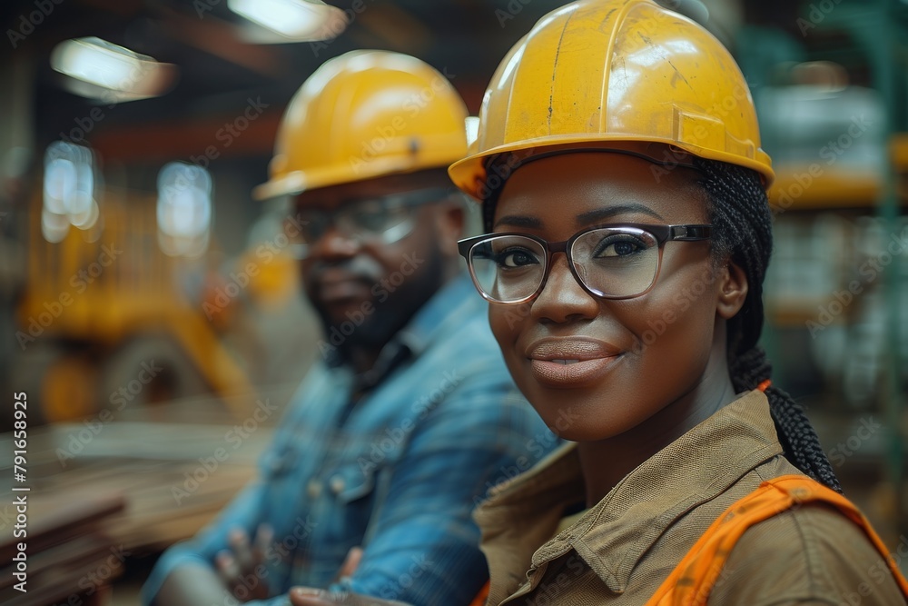 A female engineer in a safety helmet smiles with a male colleague in an industrial factory setting A female engineer in a safety helmet smiles with a male colleague in an industrial factory setting
