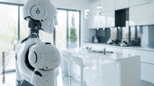 White humanoid robot with system of artificial intelligence AI as butler or cook in the kitchen, doing the homework like cooking , smart home. Generative AI. 