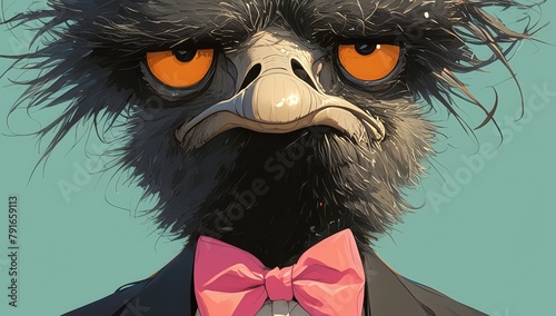 ostrich wearing black tuxedo and pink bow tie, solid pastel green background, cute funny character photo