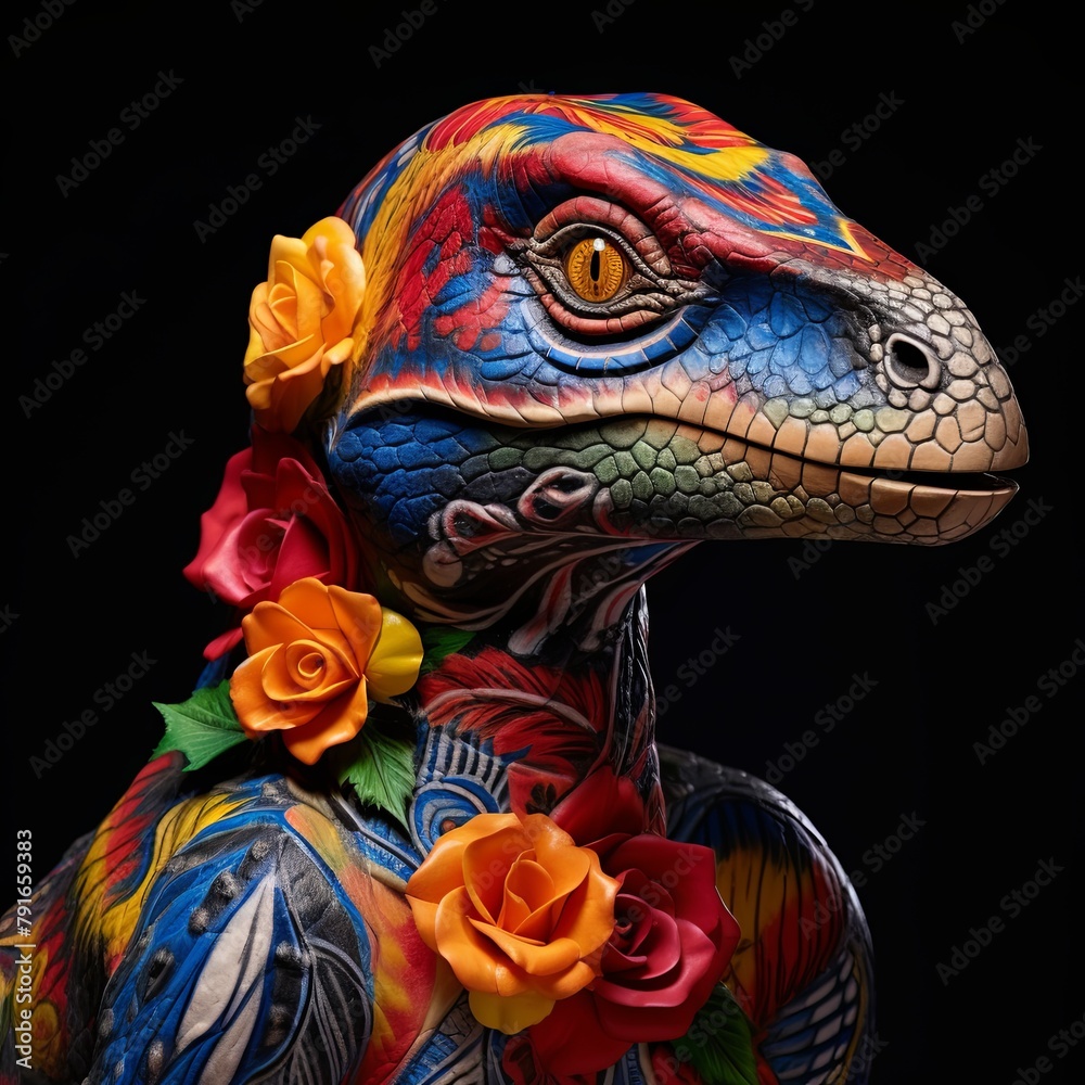A colorful dinosaur with roses around its neck