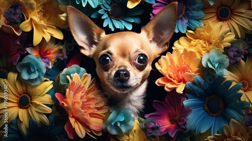 A Chihuahua sits in a field of flowers. photo