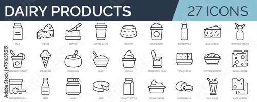 Set of 27 outline icons related to dairy products. Linear icon collection. Editable stroke. Vector illustration