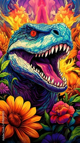 A watercolor painting of a Tyrannosaurus Rex, with bright rainbow colors and flowers.