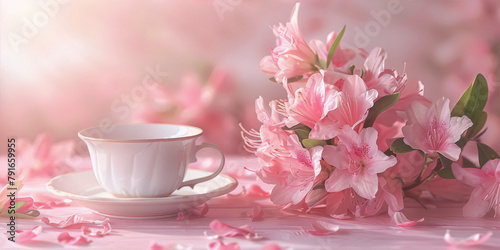 Delicate pink azalea flowers and a white porcelain teacup rest on a pink table against a soft pink background, evoking a sense of springtime tranquility and feminine grace.