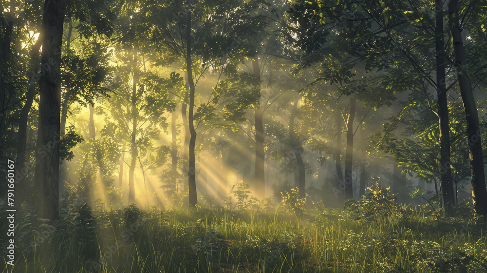 Fototapeta premium A serene forest glade at dawn, sunlight filtering through misty trees.