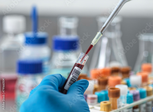 Laboratory technician pipetting blood sample for analysis. photo