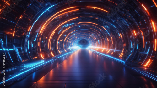 a picture of a futuristic tunnel with blue and orange lights.