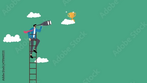 free businessman climbing stairs with binocular to see opportunity video footage animation