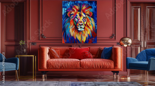 A majestic lion with a colorful mane, painted in a vibrant and dynamic style, is the focal point of this interior space, creating a sense of energy and movement within the room. photo