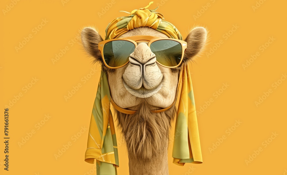 Fototapeta premium happy camel wearing sunglasses, solid color background, green and orange colors 