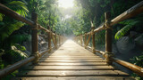Long wooden bridge in the rainforest surrounded with tropical plants