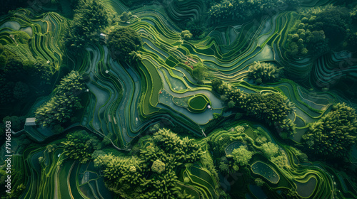 Journey through the serene green planes and plantations of Asian rice fields in this captivating aerial view. Generative AI techniques elevate the surrealism.