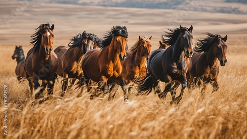 Group of Wild Horses Galloping Across Open Fields, Their Manes and Tails Streaming in the Wind as They Embrace Freedom. 