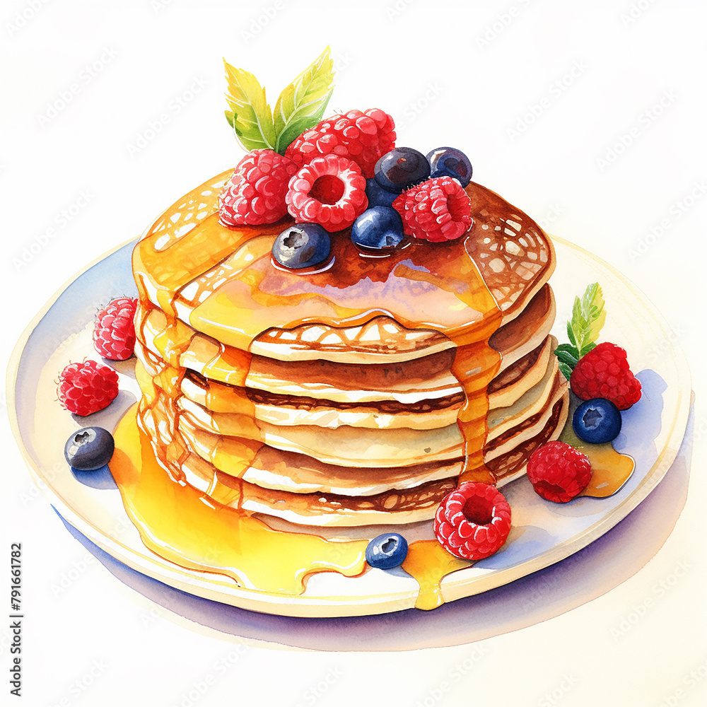custom made wallpaper toronto digitalA watercolor painting of a stack of pancakes with syrup and berries.