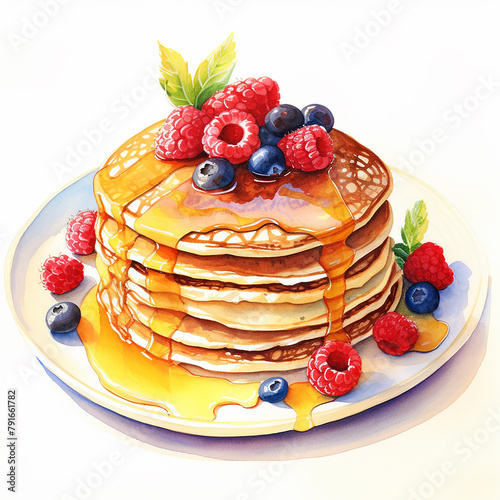 Wallpaper Mural A watercolor painting of a stack of pancakes with syrup and berries. Torontodigital.ca
