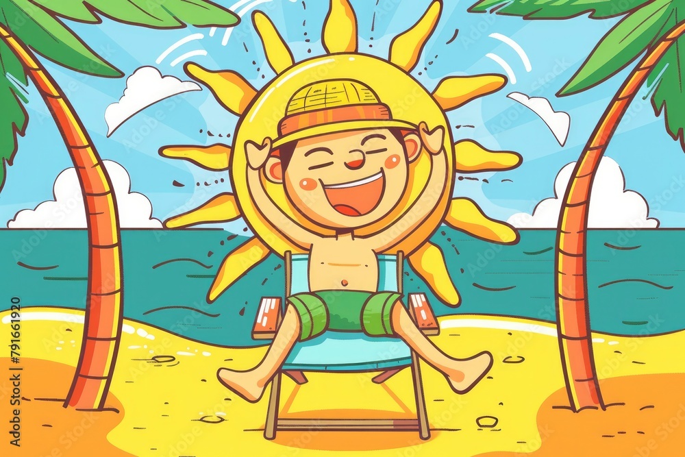 A cartoon sun with arms and legs laying on a beach chair under a palm tree,