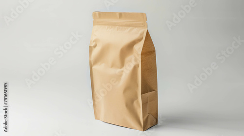 Embrace the simplicity of a brown ziplock paper bag against a clean white surface. AI generative enhancements enrich its minimalist aesthetic.