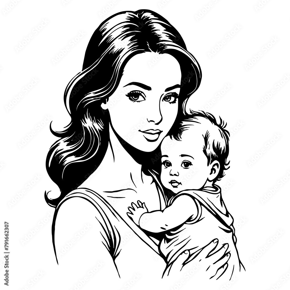 Black and white illustration. Mother's Day card design. Fictional characters. Generated by Ai