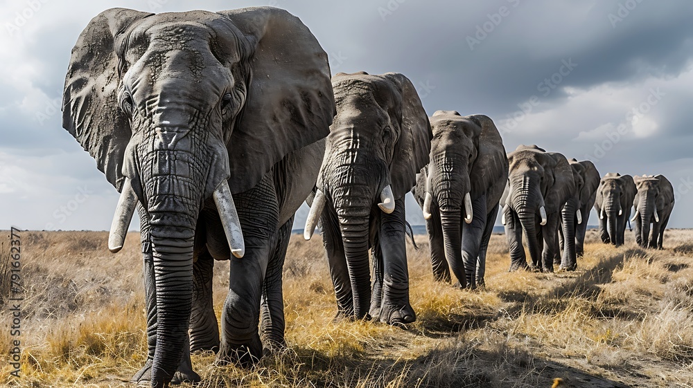 Fototapeta premium Herd of Elephants Moving Across the Vast Savannah, Traversing the Grasslands with Powerful Grace