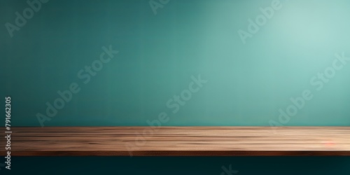 Abstract background with a dark mint green wall and wooden table top for product presentation, wood floor, minimal concept, low key studio shot