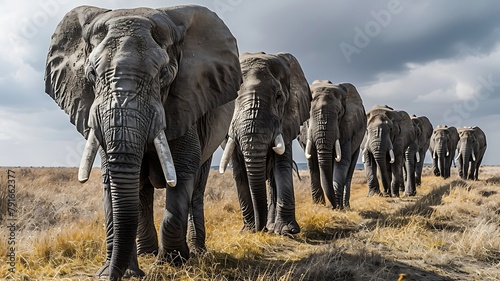 Herd of Elephants Moving Across the Vast Savannah, Traversing the Grasslands with Powerful Grace