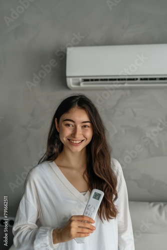 A woman grasping a remote control for an air conditioner